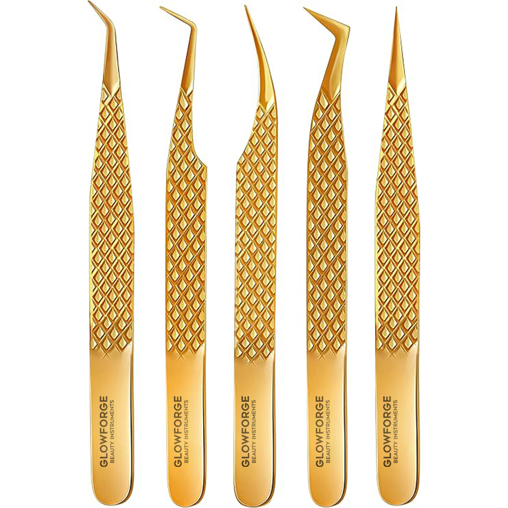Eyelash Extension Tweezers (5PC) - Professional & Precision Gold Lash Tweezers for Eyelash Extensions